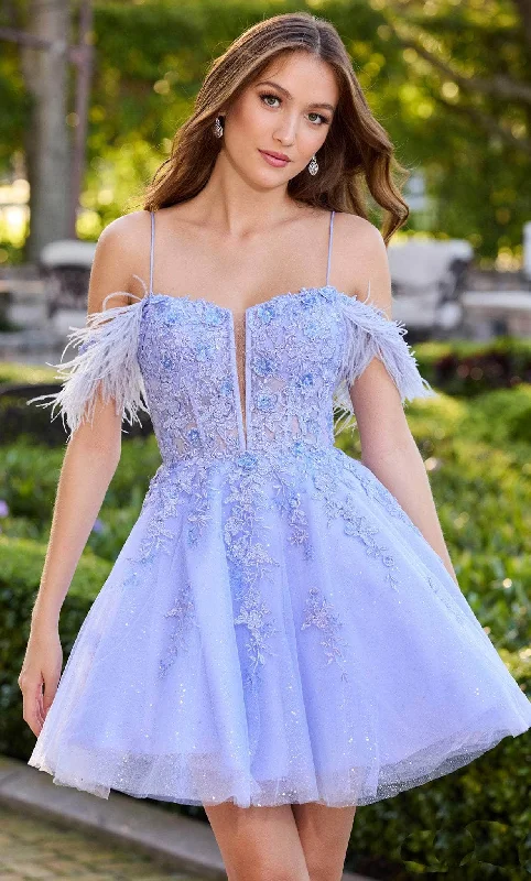Closeout Amarra 88663 - Feather Detailed Off-Shoulder Corset Cocktail Dress