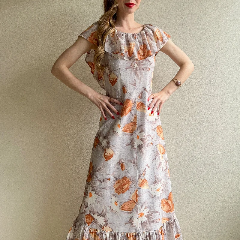 Major Savings 1970s Orange Poppies and Daisies Midi Dress (S/M)