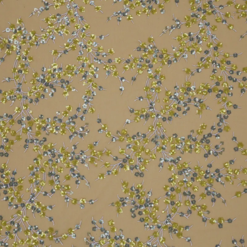 Price Drop Beige and Yellow Sequined Floral Embroidered Tulle Fabric