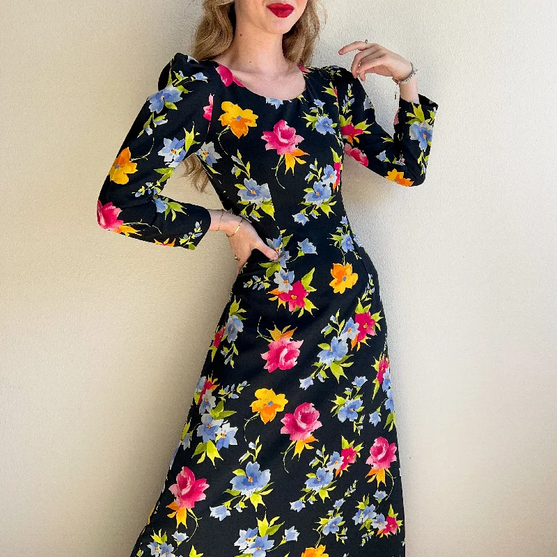 Price Cut 1990s Bright Floral Print Midi Dress (XS/S)