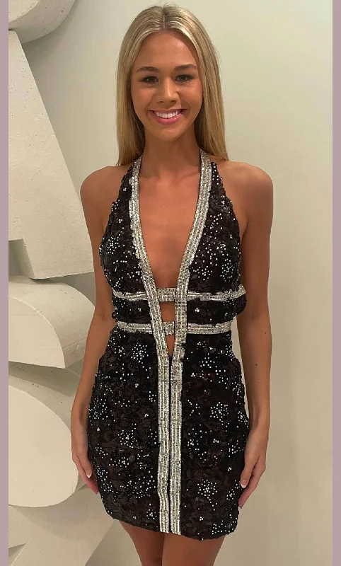 Daily Deals Jasz Couture 1112 - Halter Beaded Cocktail Dress