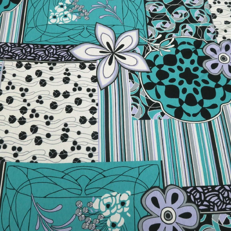 Act Fast Black, Teal and White Abstract Flowers Printed Jersey Stretch Fabric