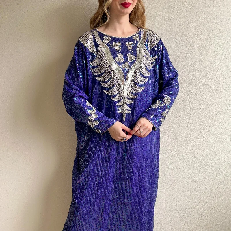 Price Rollback 1980s Purple and Silver Sequined Gown (L/XL)