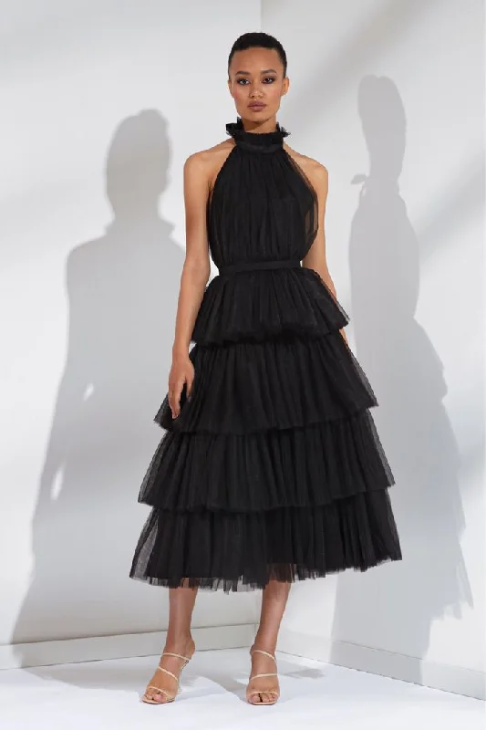 Special Promotion Black Halter Neck Tie Up frilled Evening Dress