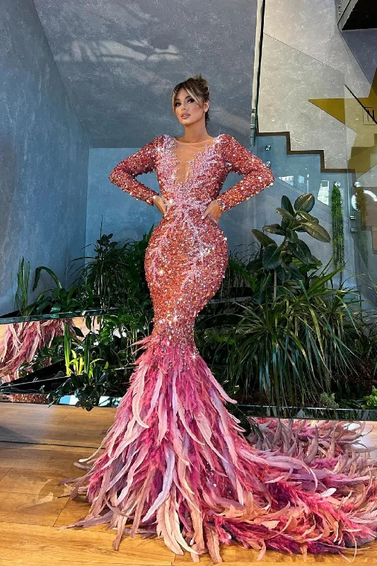 Exclusive Offers Pink Luxury Evening Dress with Feather