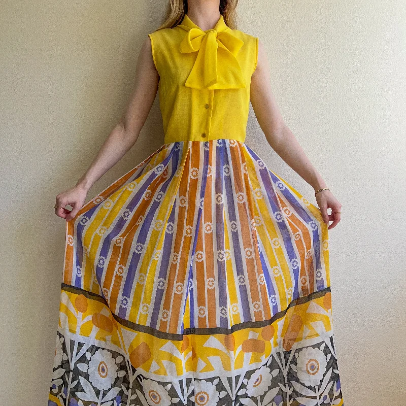 Price Buster 1970s Yellow Cotton Novelty Print Maxi Dress (S/M)