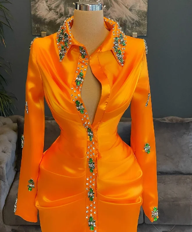 Clearance Items Kalani Orange Elegant Long Sleeves High Neck Crystals Evening Dress