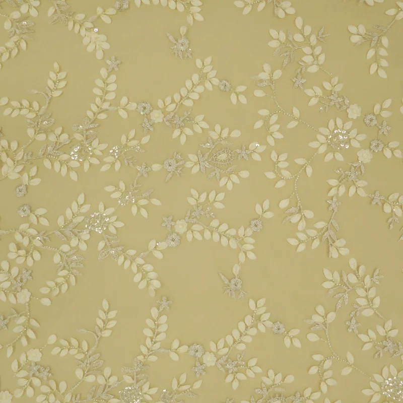 Closeout Light Yellow Sequins and Flowers Embroidered Tulle Fabric