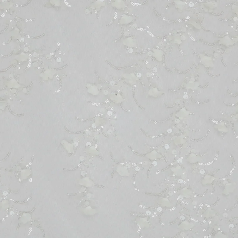 Huge Discounts White Sequins, Flakes and Flowers Embroidered Tulle Fabric