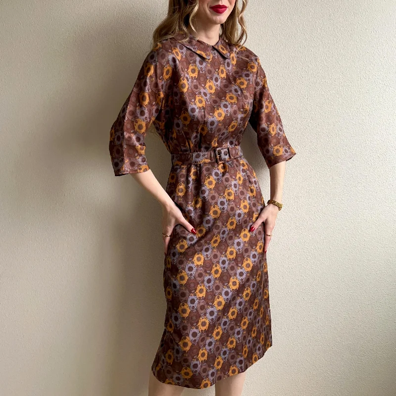 Don’t Miss Out 1950s Brown and Blue Abstract Pattern Dress (S/M)