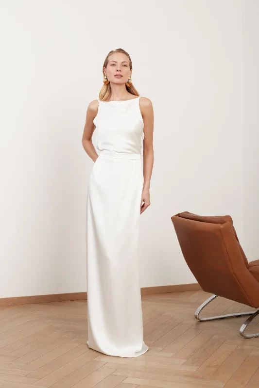 Crazy Savings MANOA white satin long straight wedding dress