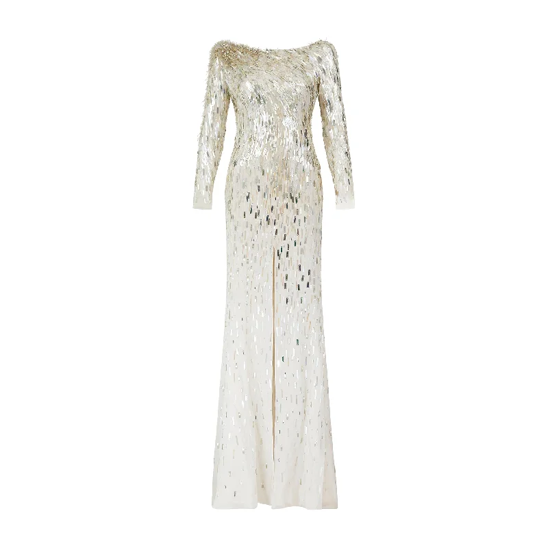 Steals and Deals 2010s Jenny Packham White and Gold Palette Sequin Maxi Dress
