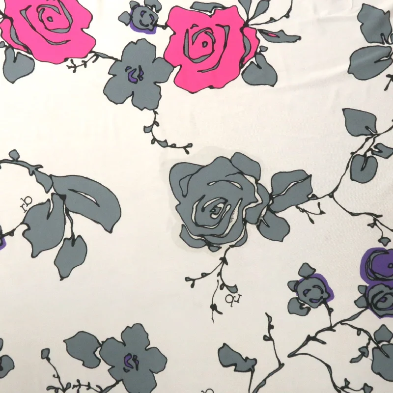 TIME-Limited Offer Grey and Fuchsia Flowers on a White Background Printed Spandex Stretch Fabric