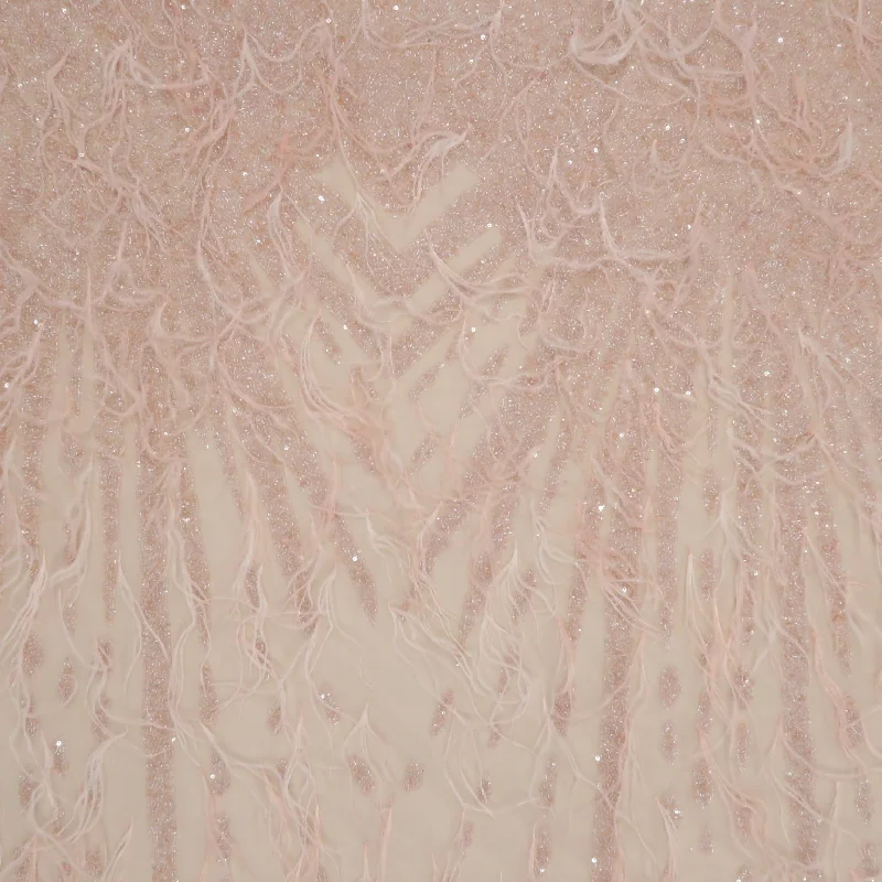 Special Savings Pink Sequins, Beads and Feathers Embroidered Tulle Fabric