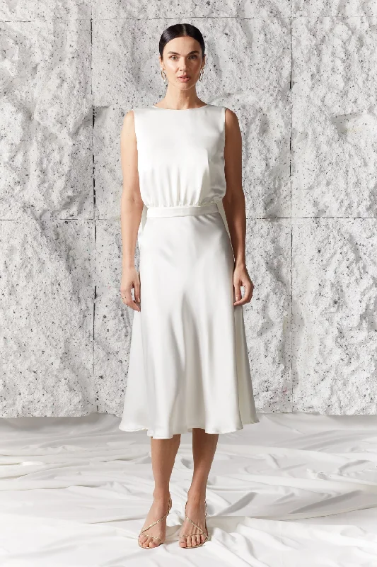 Crazy Deals ROSA white satin midi dress with back ribbons
