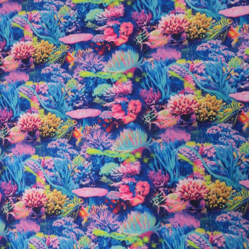 Reduced Prices Multicolor Corals on a Blue Background Spandex Stretch Fabric