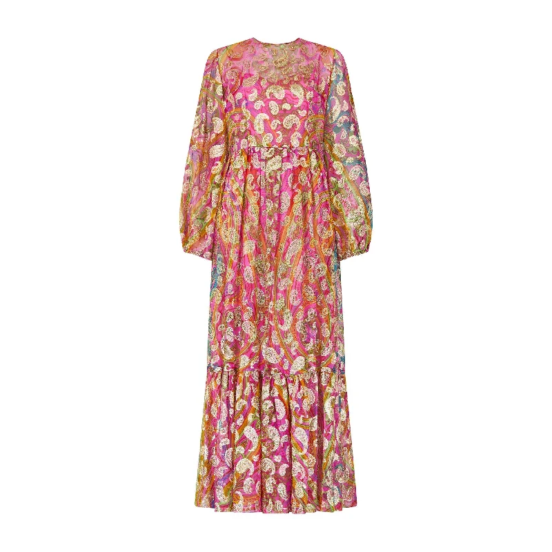Final Markdown 1970s Documented Paulette Buraud Pink and Gold Silk Paisley Dress