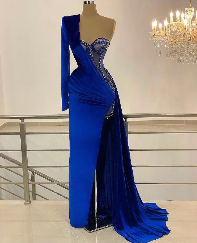 Super Sale Valentina Royal Blue  Prom Dresses One Shoulder Side Split Beads Evening Dress