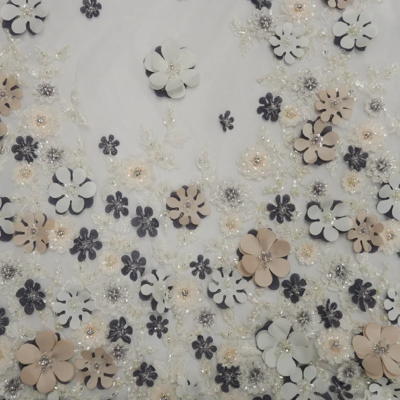 Super Bargain Beige, Purple and White Embroidered Tulle Floral Lace