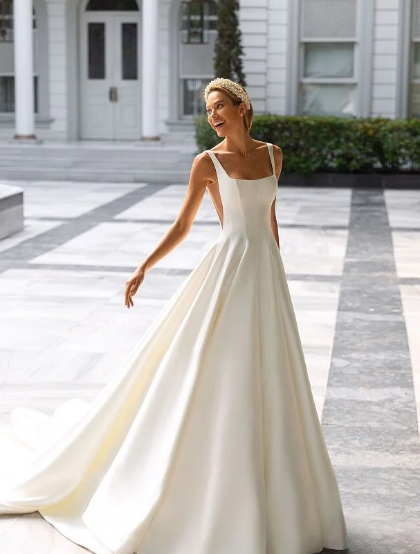 Huge Discounts Ivory A-line Square Neck White Wedding Dress
