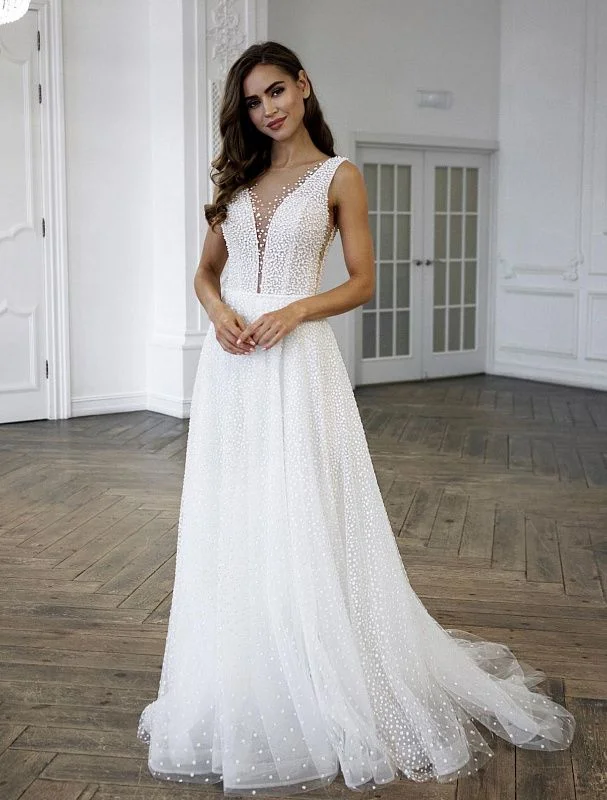 Special Discount Pearl Beaded Deep V Neck White Wedding Dress