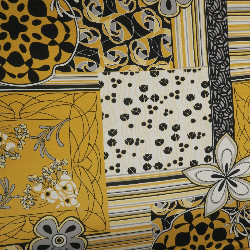 Exclusive Access Yellow, White and Black Abstract Flower Printed Jersey Stretch Fabric