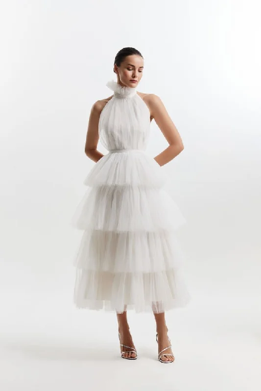 Stock Clearance Backless Halter Neck Tie Up Frilled White Wedding Dress