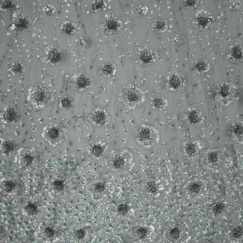 Midnight Madness Silver Sequined Embroidered Tulle Fabric