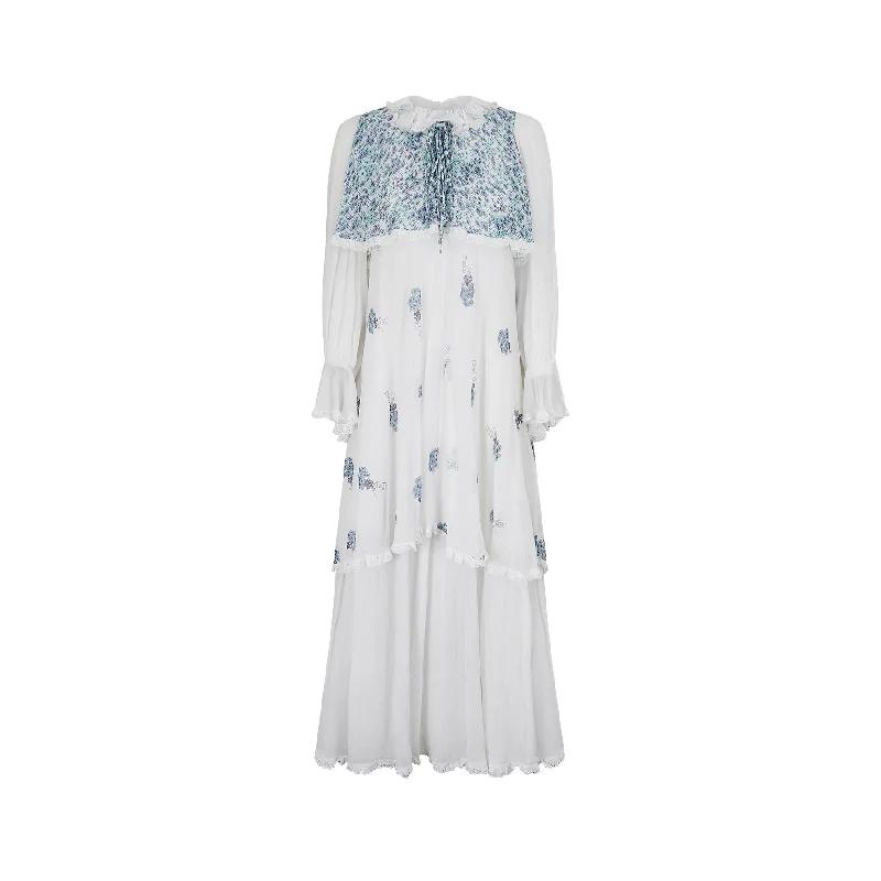 Limited Time 1970s Gina Fratini White and Blue Floral Cotton Maxi Dress