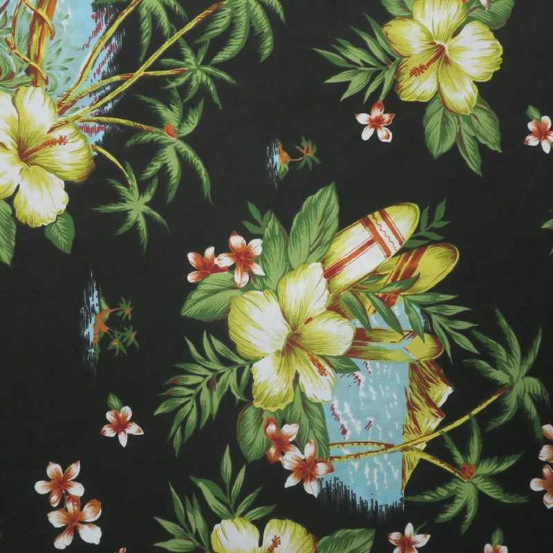 Stock Clearance Green Flowers on Black Background Printed Cotton Blended Broadcloth