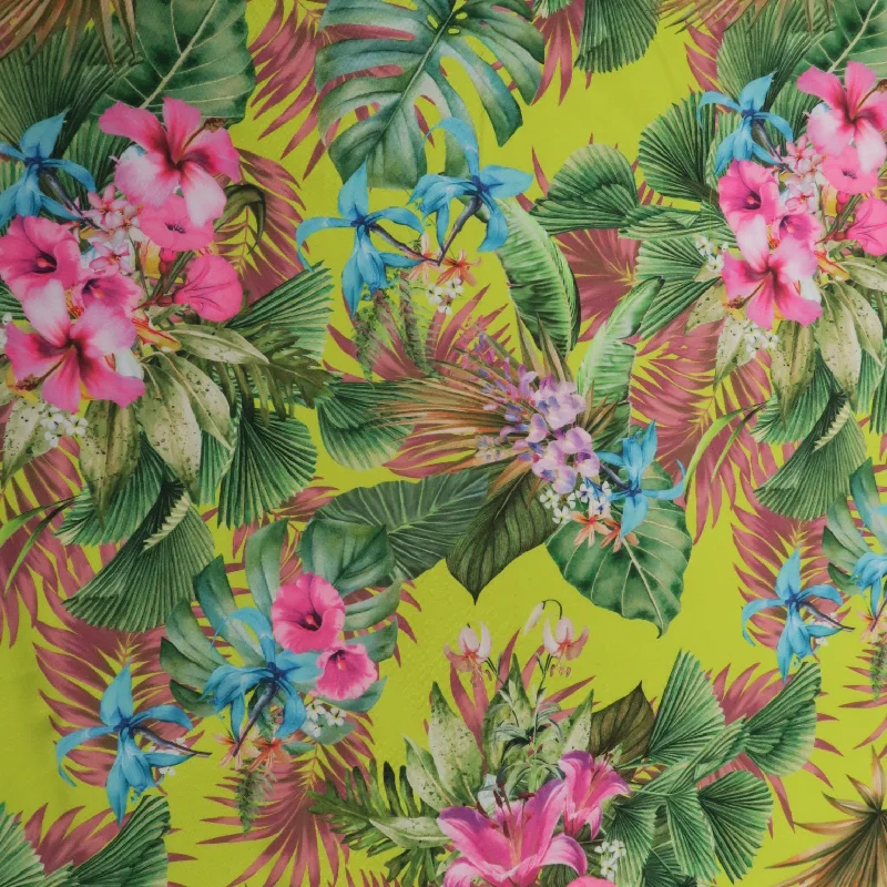 Stock Clearance Multicolor Flowers on Green Leaves Yellow Background Spandex Stretch Fabric