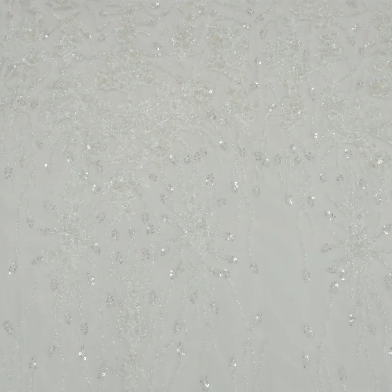 Overstock White Sequins and Beads Embroidered Tulle Fabric