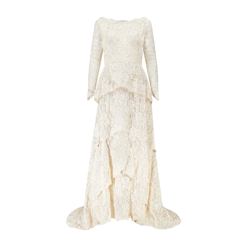 Price Drop 1960s White Lace Tiered Wedding Dress with Train