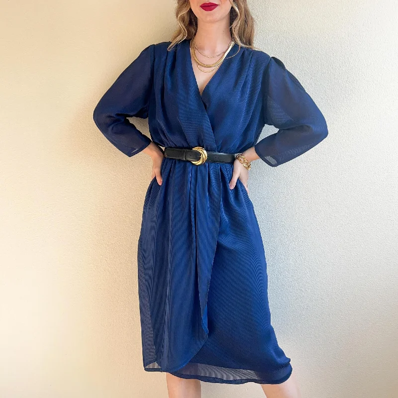 Final Markdown 1970s Blue Chiffon Faux Wrap Dress (S/M)