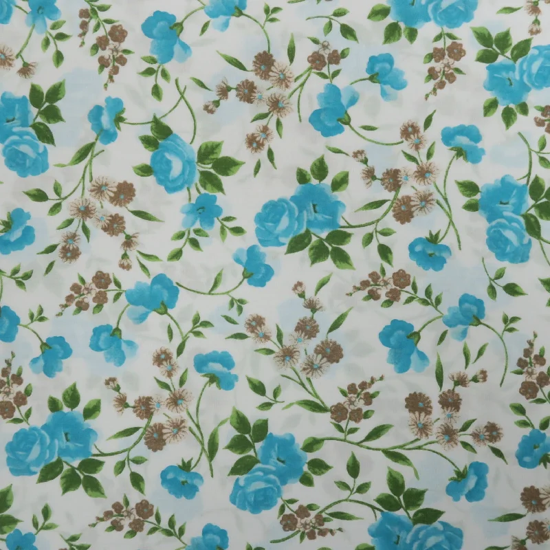 Final Clearance Blue Flowers on White Background Printed Cotton Blended Broadcloth