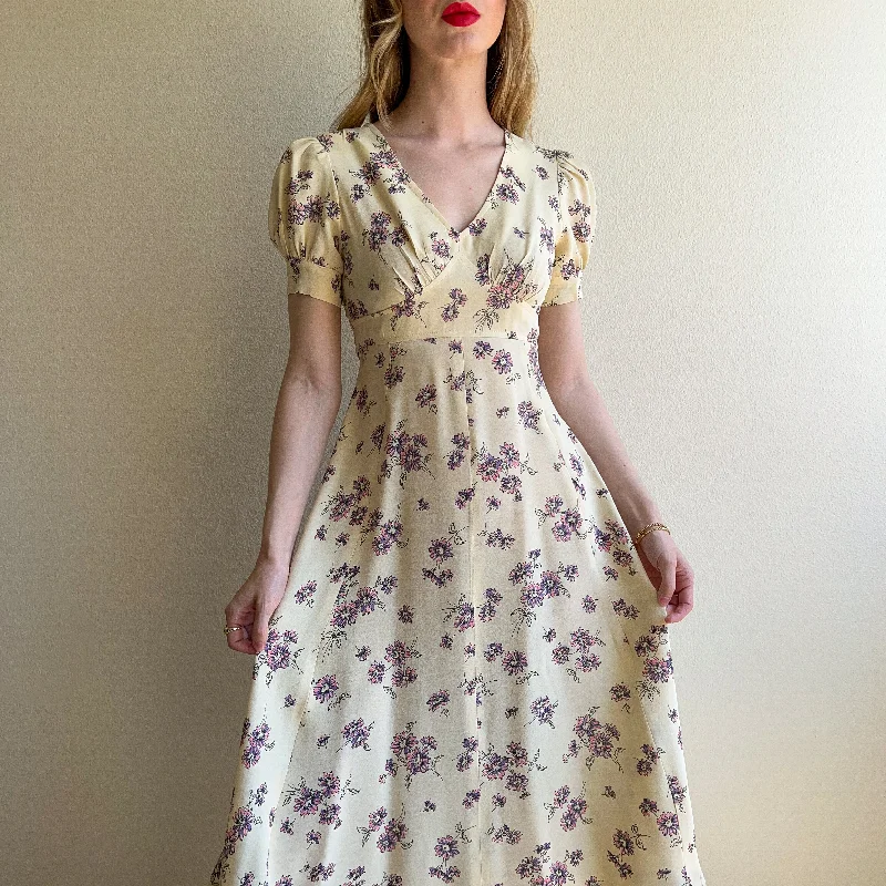 Now or Never Darling 1970s Puff Sleeve Empire Waist Floral Midi Dress (XS)