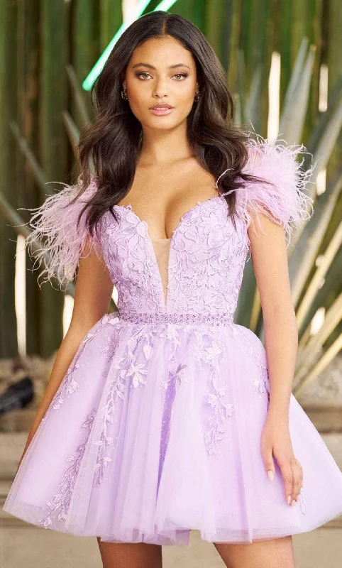 Can't Be Beat Sherri Hill 55656 - V-Neck Feathered Sleeve Cocktail Dress