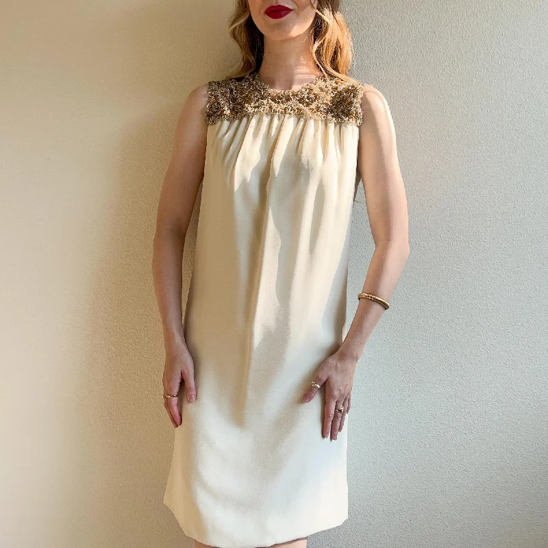 Take Advantage 1960s White Shift Dress With Gold Beading (S/M)