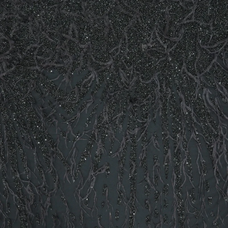 Steals and Deals Black Sequins, Beads and Feathers Embroidered Tulle Fabric
