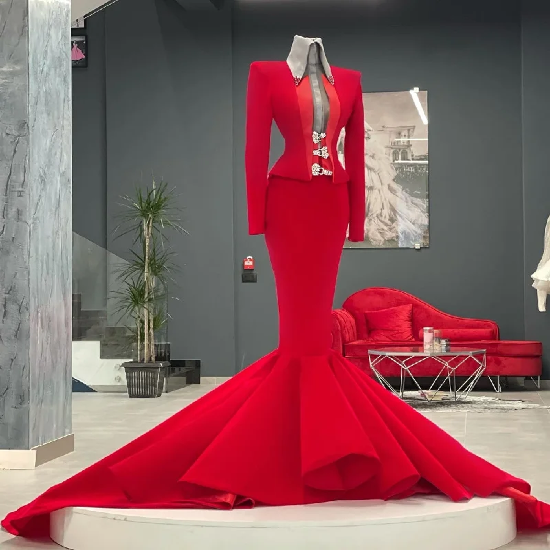 Price Rollback Elianna  Long Sleeve Red Mermaid Gown