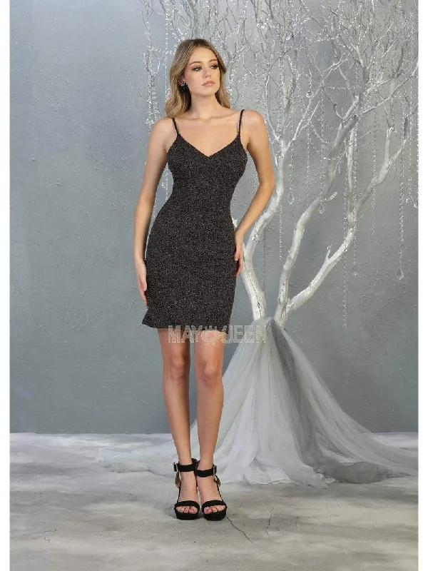 Shop and Save May Queen - MQ1823 Spaghetti Strap V-Neck Glitter Sheath Dress