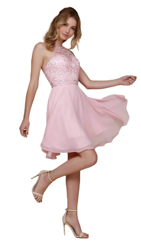 Best Bargains Nox Anabel - Y629 Embellished Illusion Halter Chiffon A-line Dress