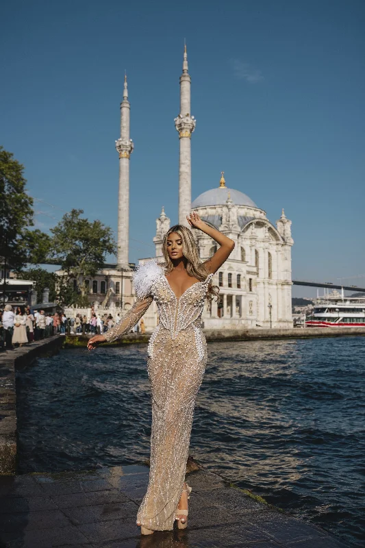 Daily Deals Luxury White One Shoulder Evening Dress With Pearls