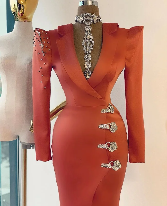 Discount Extravaganza Ivy Orange Deep V Neck Prom Dress Long Sleeve Pageant Party Gowns