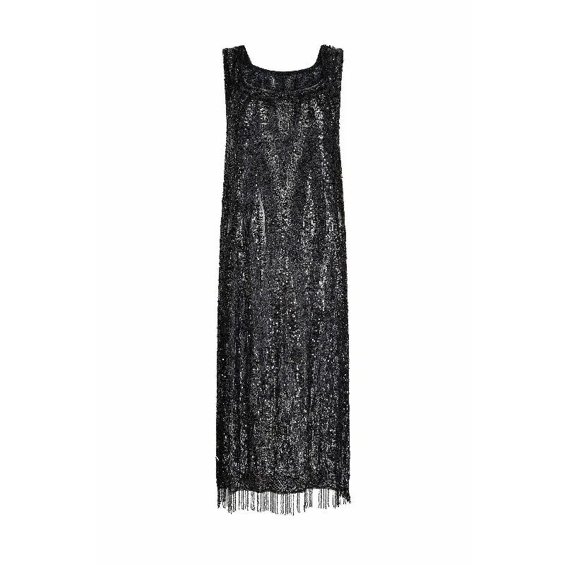 Shop and Save 1920s Haute Couture Black Sequin Flapper Dress With Tassel Hemline