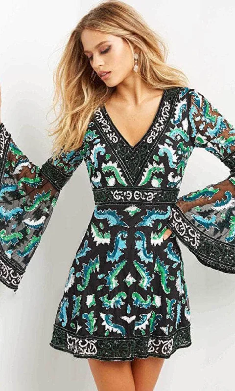 Bargain Blast Jovani 08448 - Bell Sleeves V-neck Short Dress
