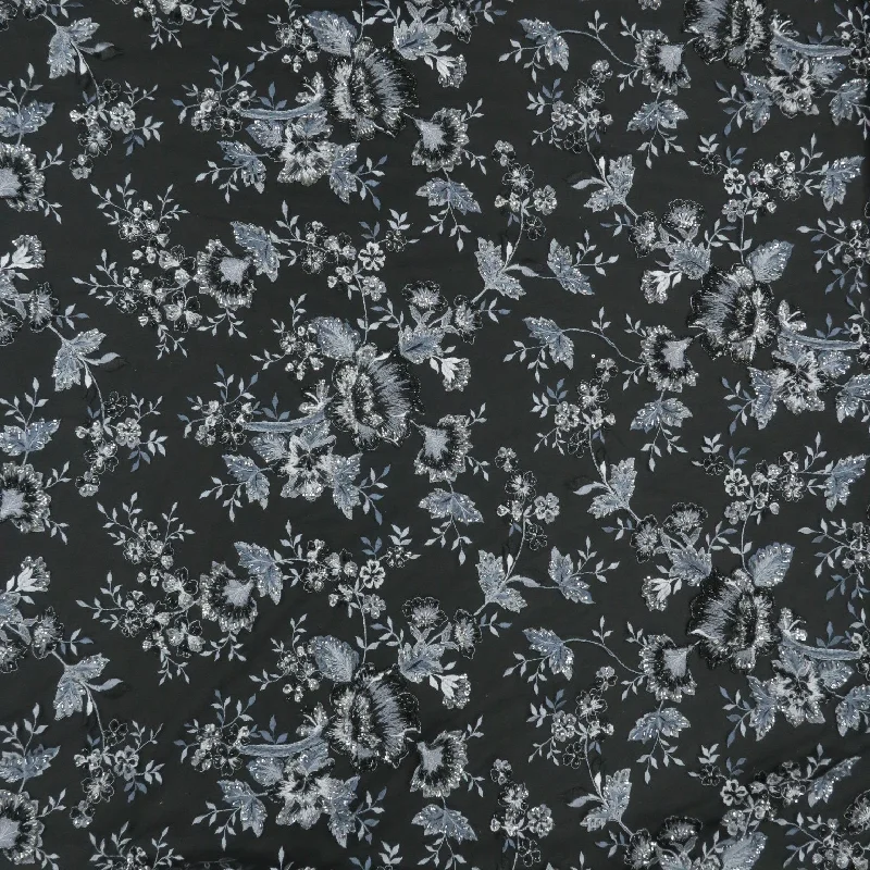 Clearance Sale Black Sequined and Floral Embroidered Tulle Fabric