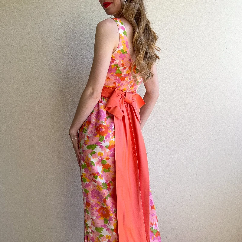 Deal Dash 1960s Pink Floral Satin Evening Dress With Bow (XS/S)