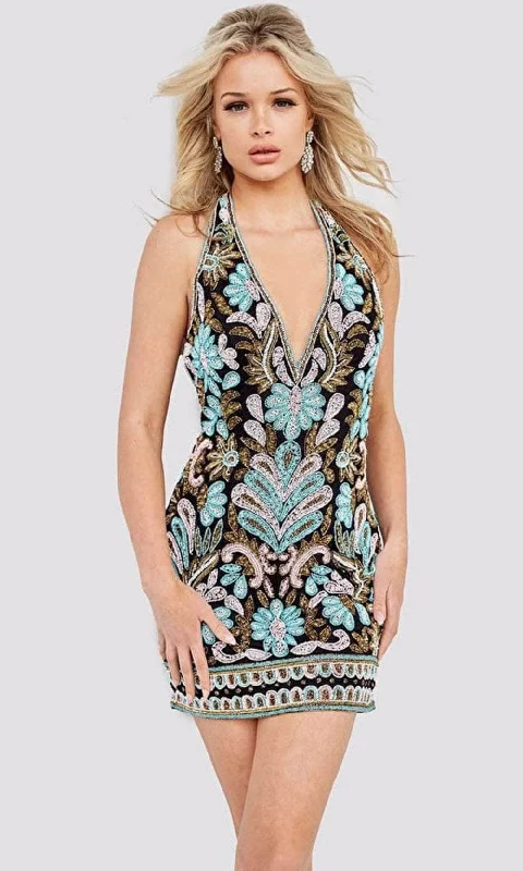 Today’s Deal Jovani 000170 - Beaded Deep Halter Neck Short Dress