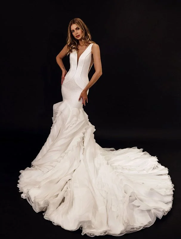 Savings Galore Layer Ruffle Mermaid Fishtail White Wedding Dress